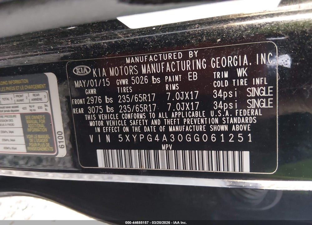 2016 KIA SORENTO 2.4L L VIN: 5XYPG4A30GG061251