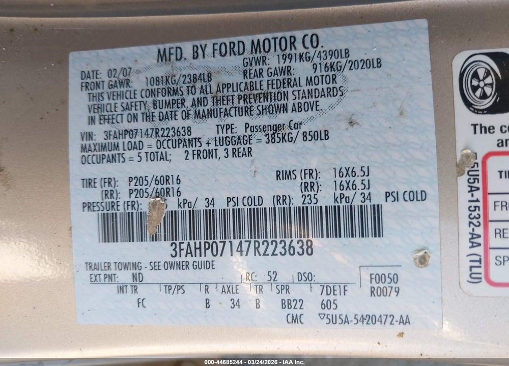 2007 FORD FUSION SE VIN: 3FAHP07147R223638