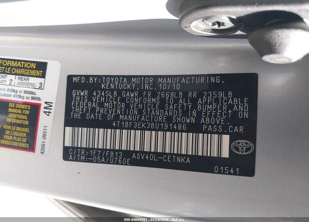 2011 TOYOTA CAMRY LE VIN: 4T1BF3EK3BU191486