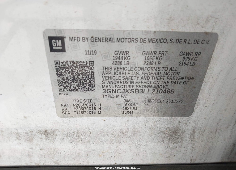 2020 CHEVROLET TRAX FWD LS VIN: 3GNCJKSB3LL210465