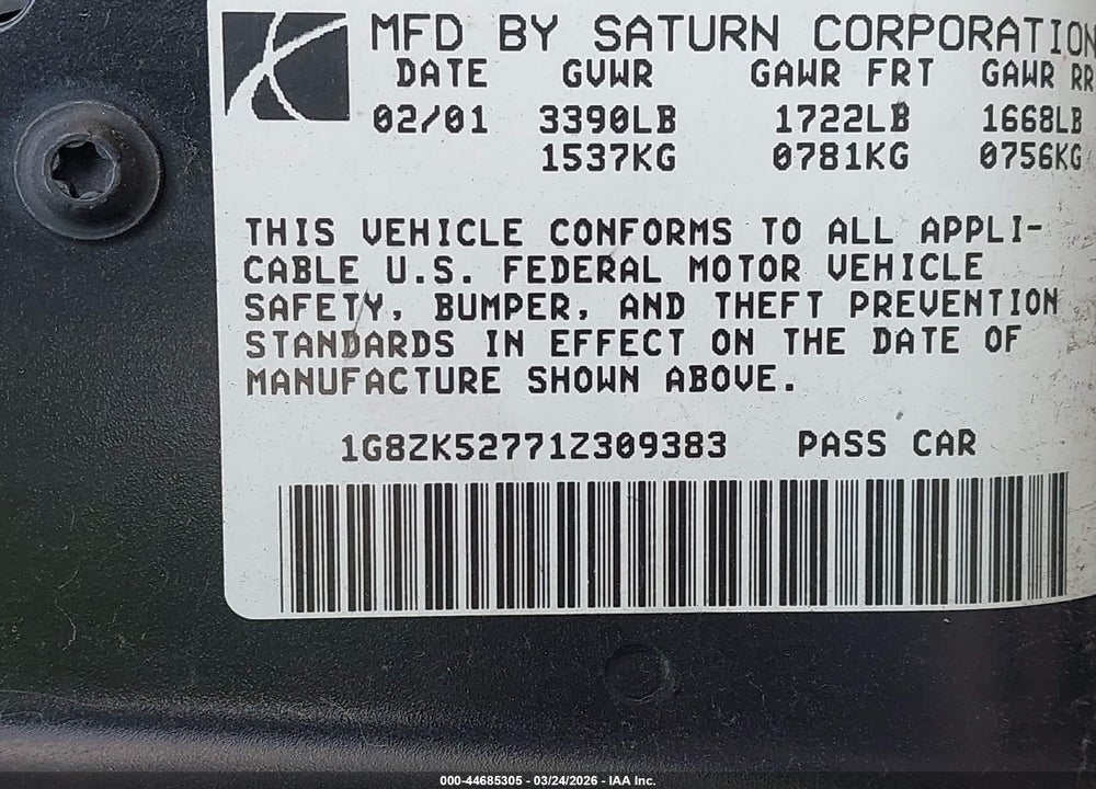 2001 SATURN SL2 VIN: 1G8ZK52771Z309383