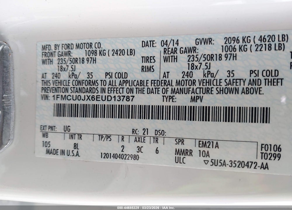 2014 FORD ESCAPE TITANIUM VIN: 1FMCU0JX6EUD13787