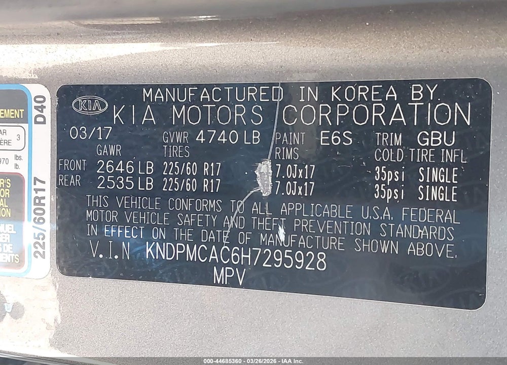 2017 KIA SPORTAGE LX VIN: KNDPMCAC6H7295928