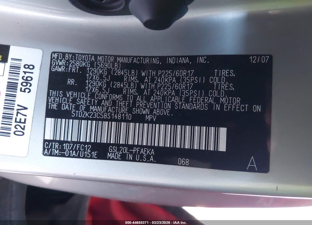 2008 TOYOTA SIENNA LE VIN: 5TDZK23C58S148110