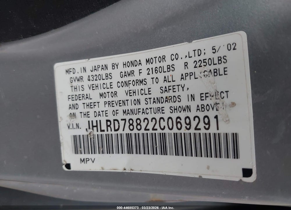 2002 HONDA CR-V EX VIN: JHLRD78822C069291