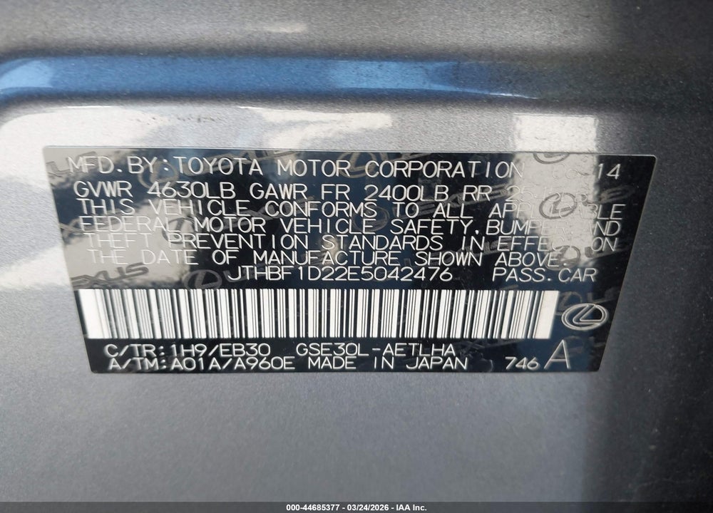 2014 LEXUS IS 250 VIN: JTHBF1D22E5042476