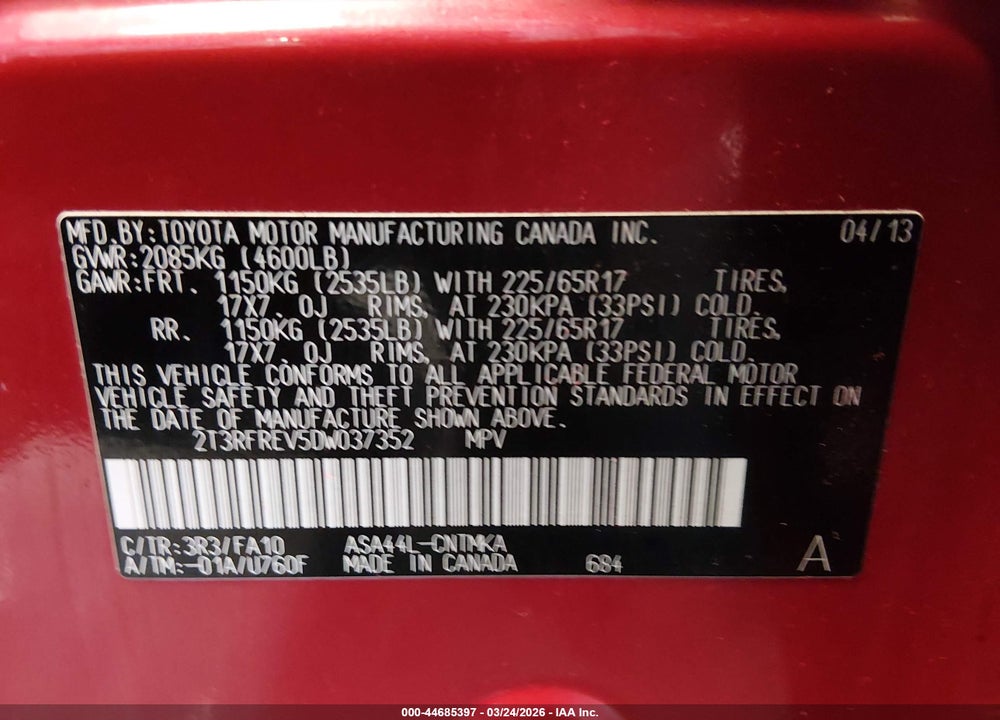 2013 TOYOTA RAV4 XLE VIN: 2T3RFREV5DW037352