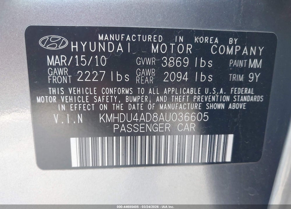 2010 HYUNDAI ELANTRA GLS VIN: KMHDU4AD8AU036605