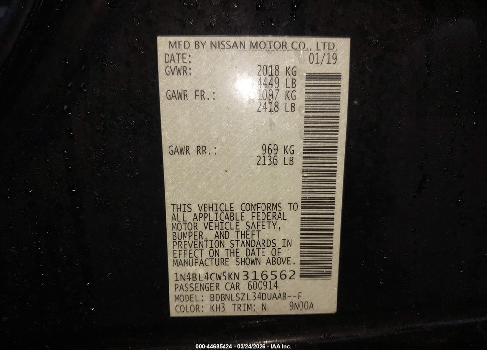 2019 NISSAN ALTIMA 2.5 SR VIN: 1N4BL4CW5KN316562