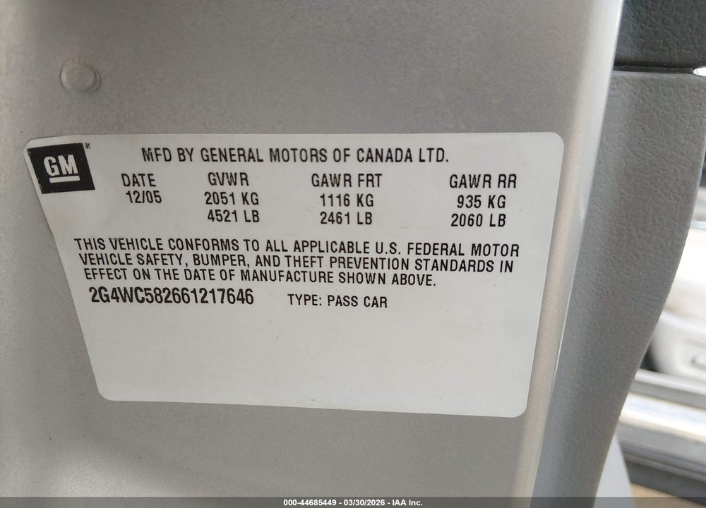 2006 BUICK LACROSSE CX VIN: 2G4WC582661217646