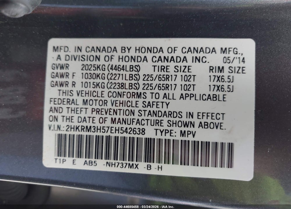 2014 HONDA CR-V EX VIN: 2HKRM3H57EH542638