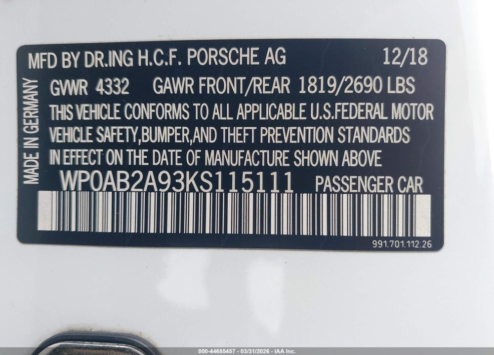 2019 PORSCHE 911 CARRERA 4S VIN: WP0AB2A93KS115111
