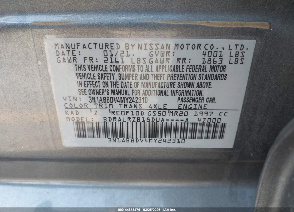 2021 NISSAN SENTRA SR XTRONIC CVT VIN: 3N1AB8DV4MY242310