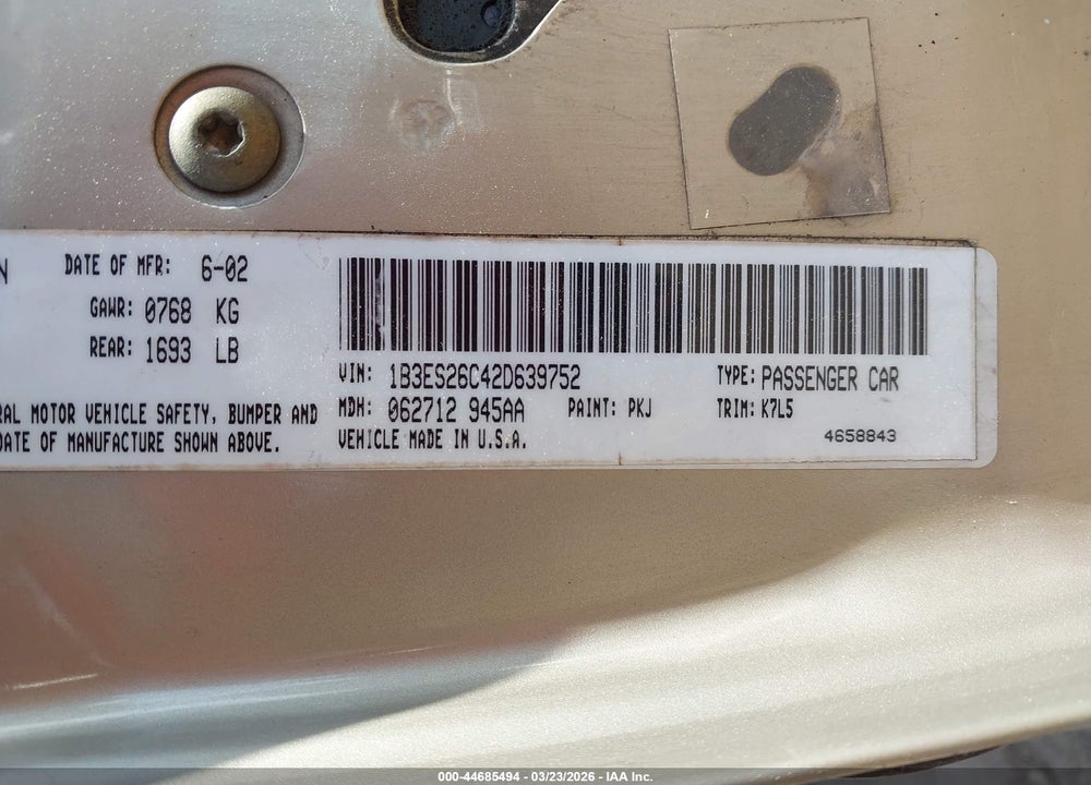 2002 DODGE NEON VIN: 1B3ES26C42D639752