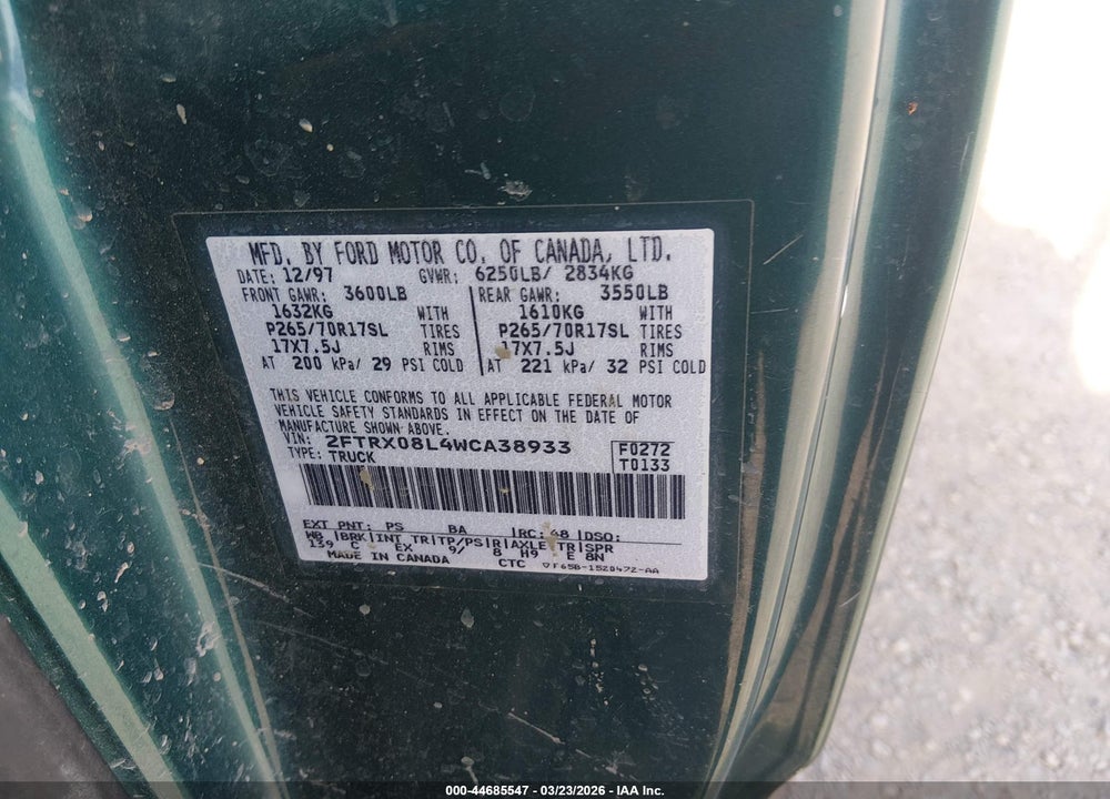 1998 FORD F-150 LARIAT/XL/XLT VIN: 2FTRX08L4WCA38933