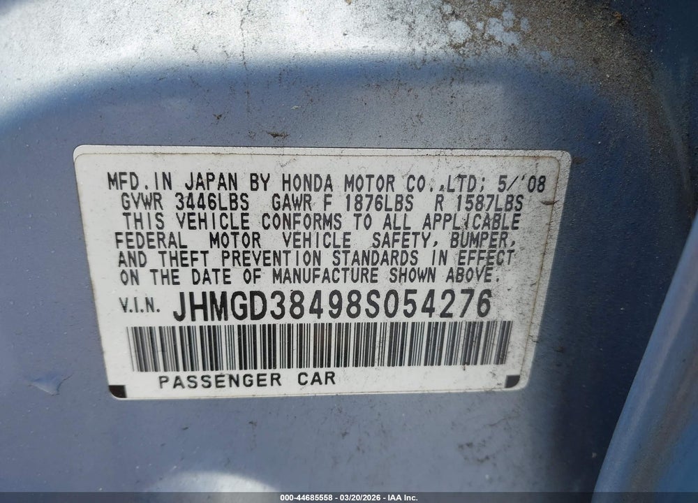 2008 HONDA FIT VIN: JHMGD38498S054276