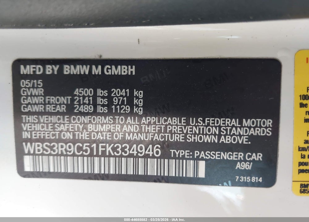 2015 BMW M4 VIN: WBS3R9C51FK334946
