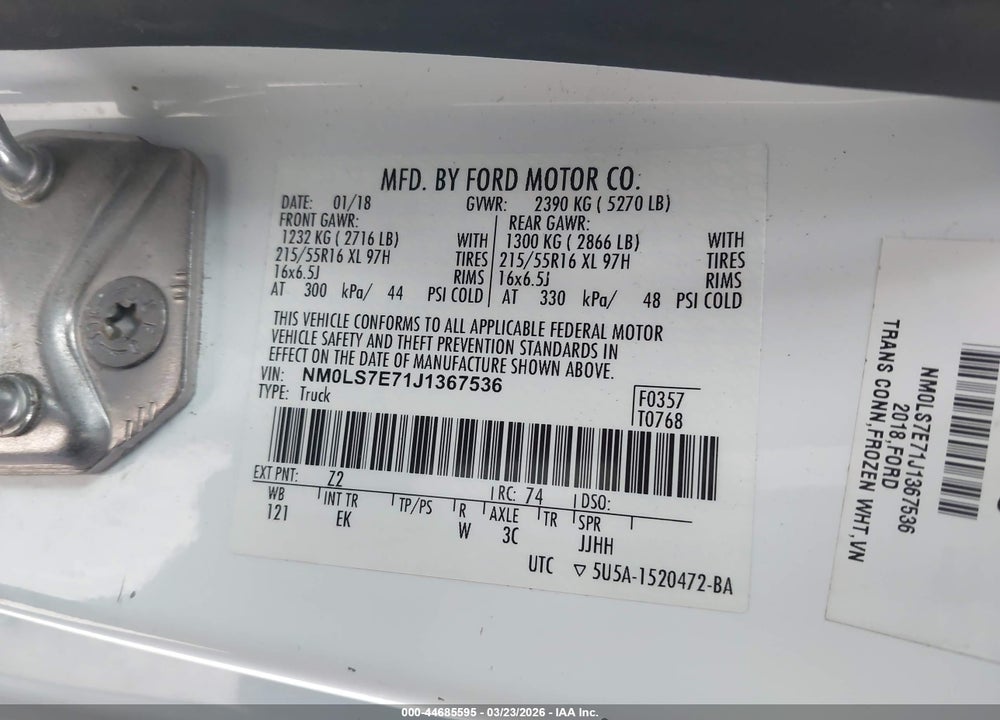 2018 FORD TRANSIT CONNECT XL VIN: NM0LS7E71J1367536