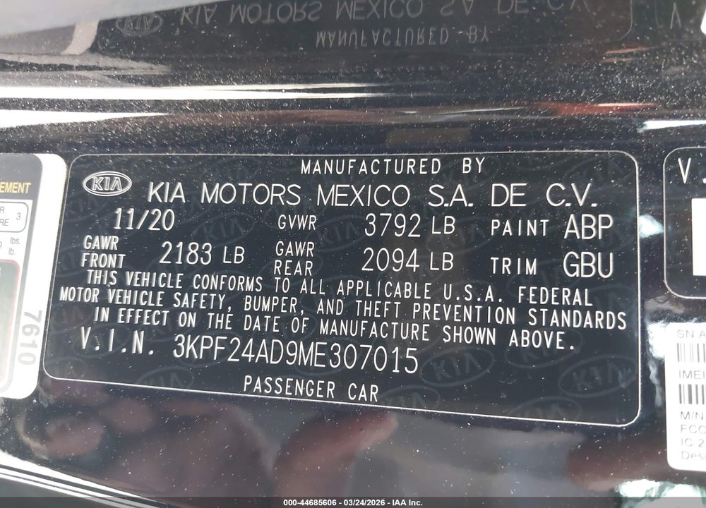 2021 KIA FORTE LXS VIN: 3KPF24AD9ME307015