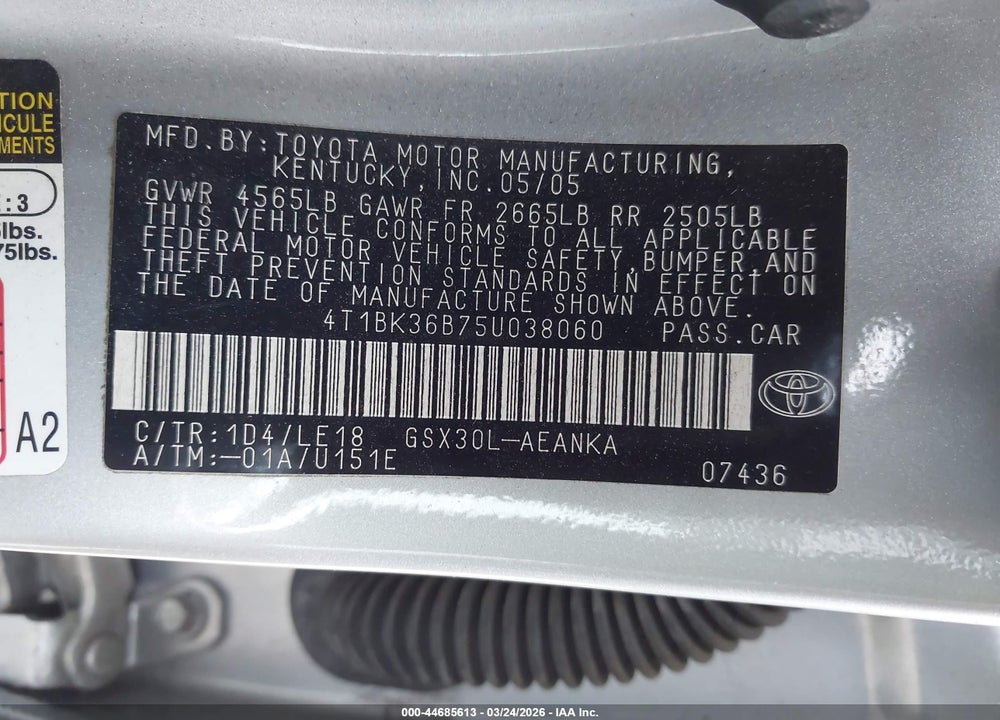 2005 TOYOTA AVALON TOURING VIN: 4T1BK36B75U038060