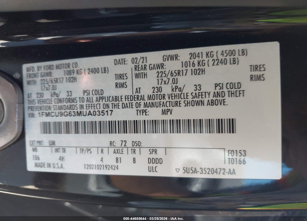 2021 FORD ESCAPE SE VIN: 1FMCU9G63MUA03517
