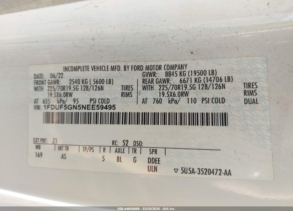 2022 FORD F-550 CHASSIS XL VIN: 1FDUF5GN5NEE59495