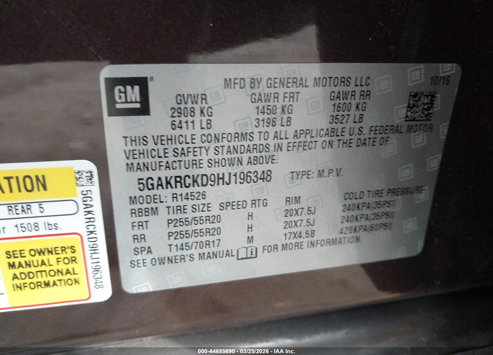 2017 BUICK ENCLAVE PREMIUM VIN: 5GAKRCKD9HJ196348