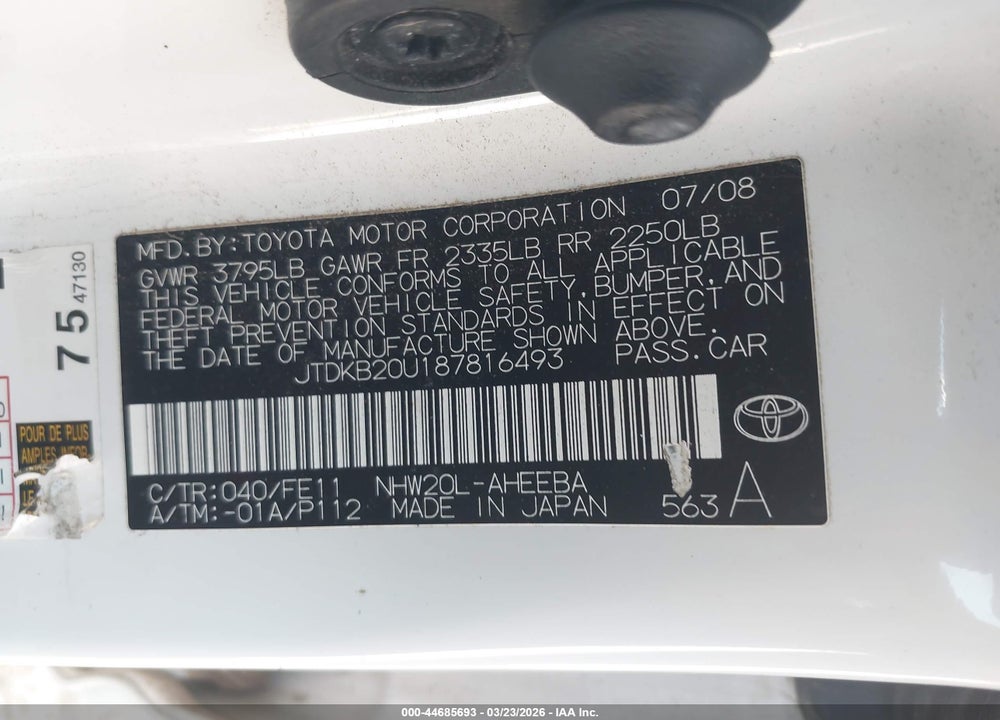 2008 TOYOTA PRIUS VIN: JTDKB20U187816493