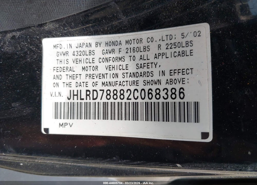 2002 HONDA CR-V EX VIN: JHLRD78882C068386