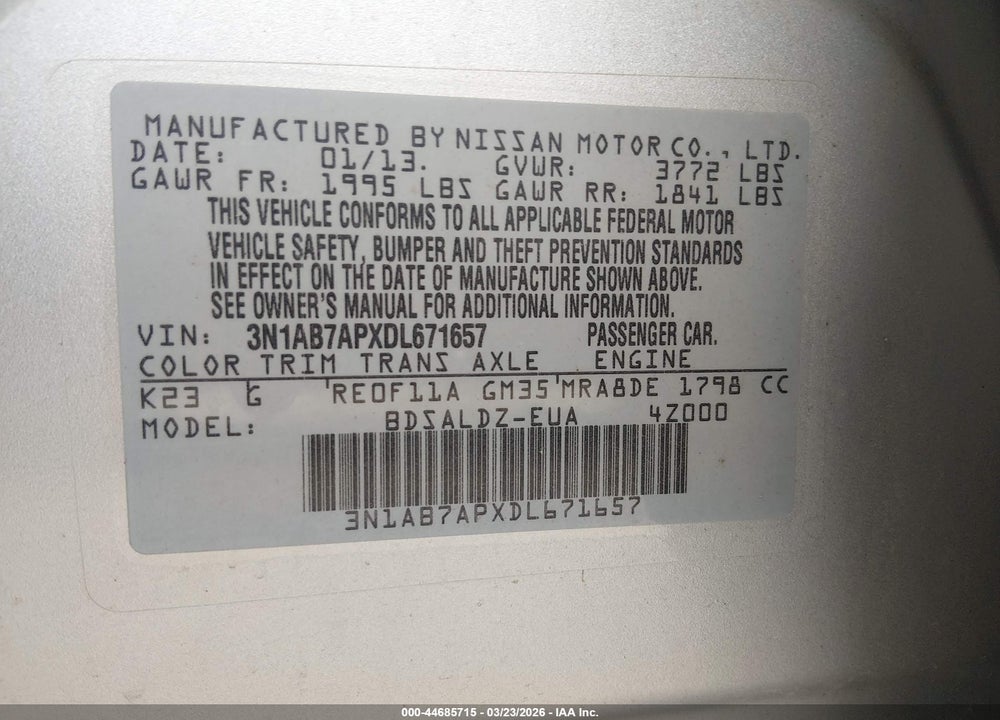 2013 NISSAN SENTRA SV VIN: 3N1AB7APXDL671657