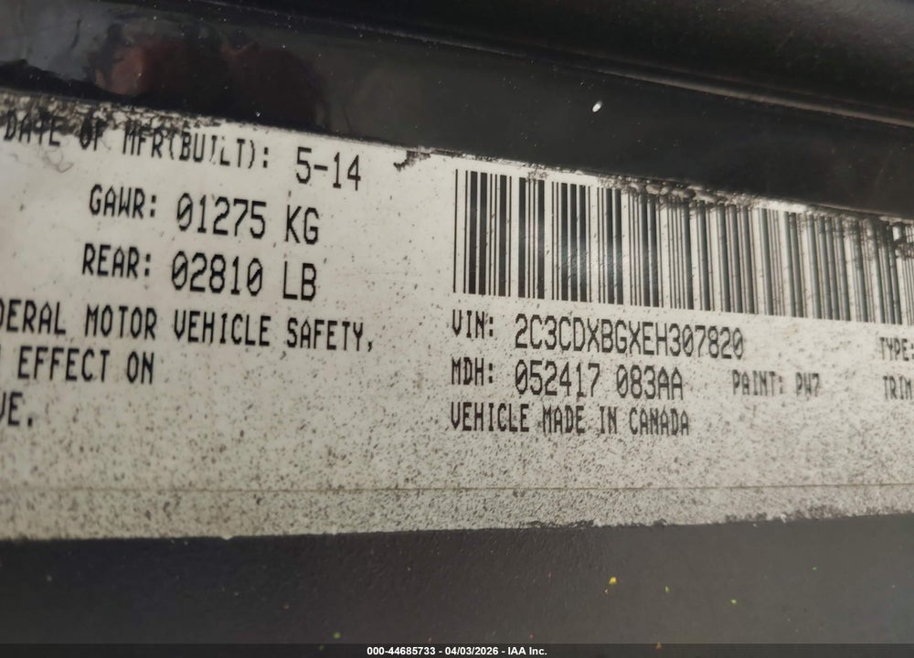 2014 DODGE CHARGER SE VIN: 2C3CDXBGXEH307820