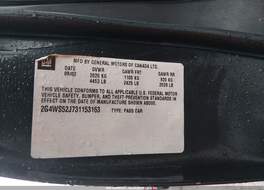 2003 BUICK CENTURY CUSTOM VIN: 2G4WS52J731153163