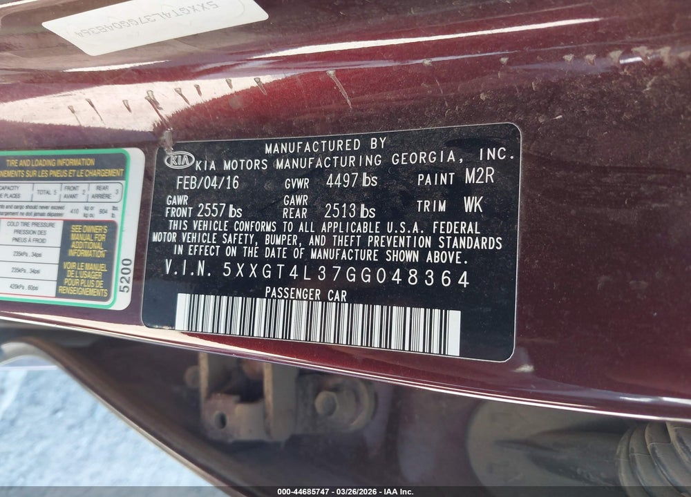2016 KIA OPTIMA LX VIN: 5XXGT4L37GG048364