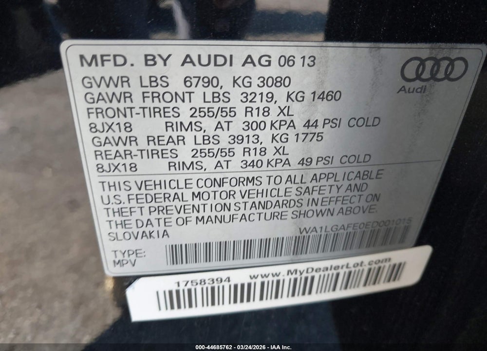 2014 AUDI Q7 3.0T PREMIUM VIN: WA1LGAFE0ED001015