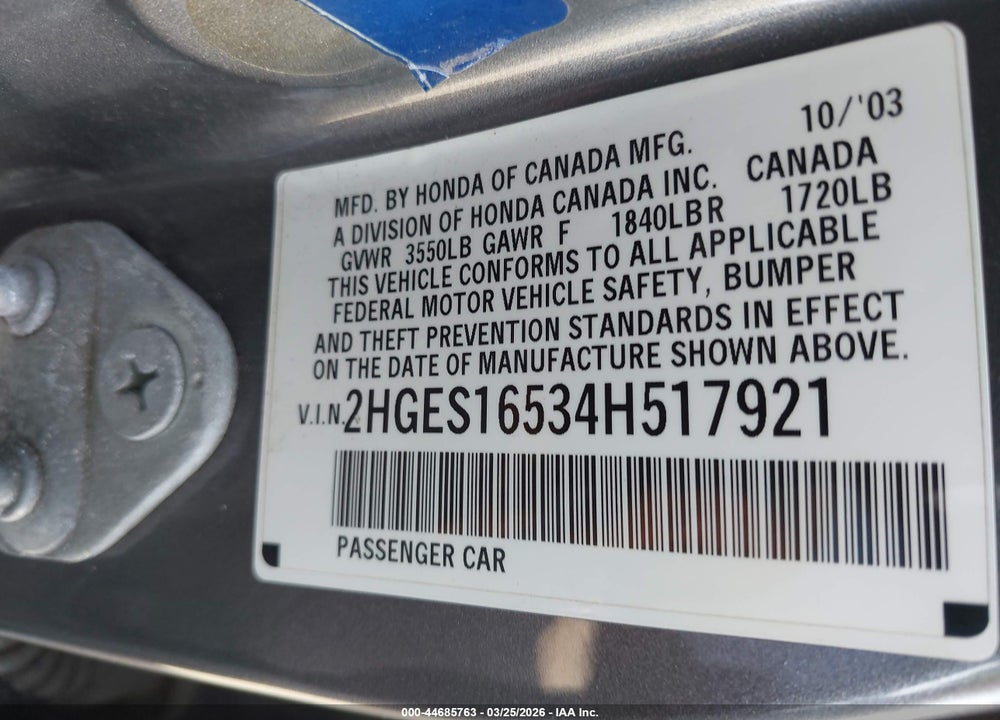 2004 HONDA CIVIC LX VIN: 2HGES16534H517921