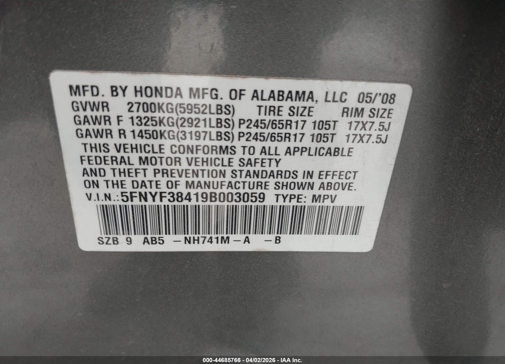 2009 HONDA PILOT EX VIN: 5FNYF38419B003059