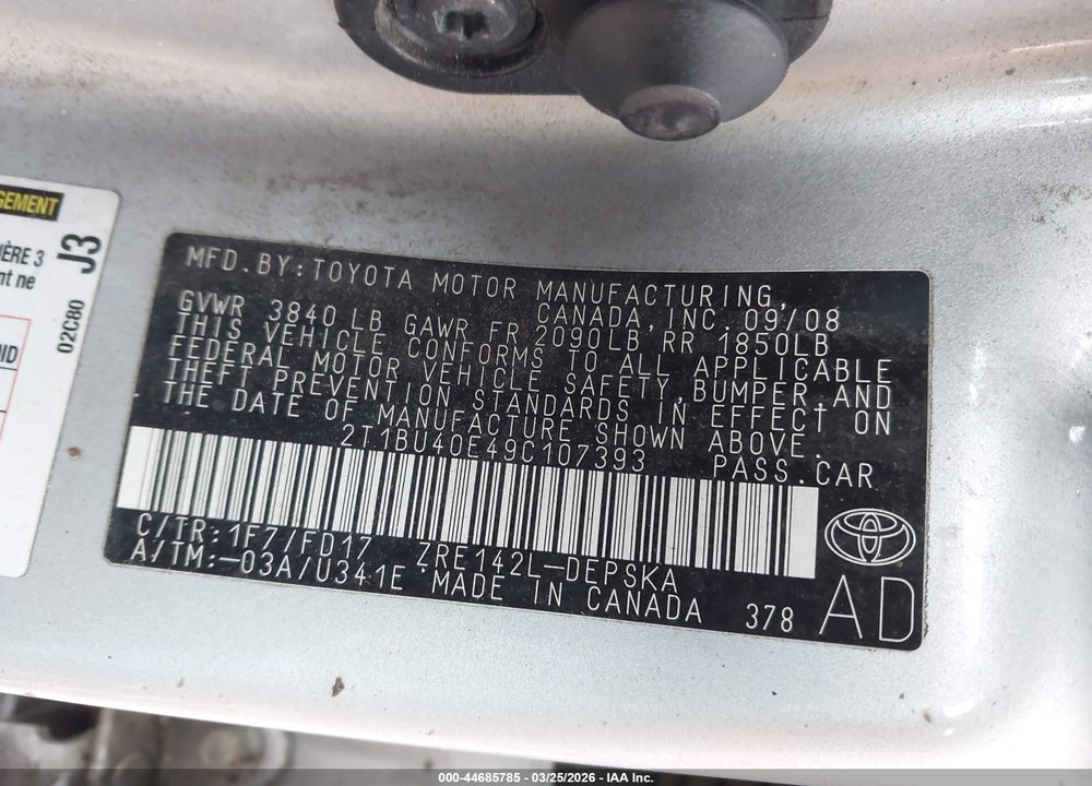 2009 TOYOTA COROLLA S VIN: 2T1BU40E49C107393