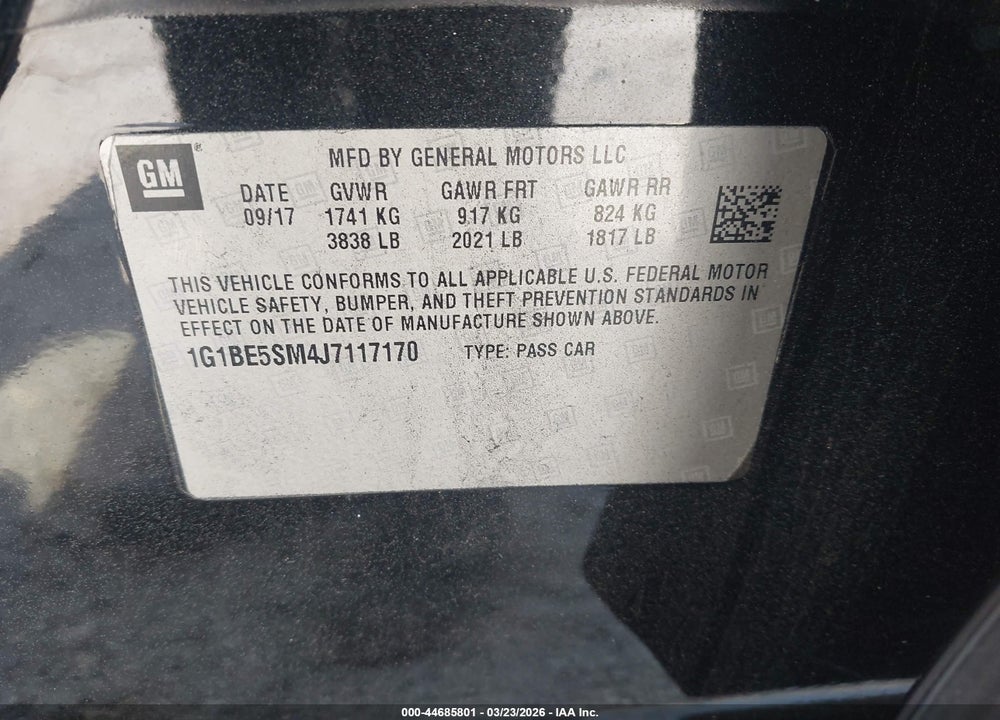 2018 CHEVROLET CRUZE LT AUTO VIN: 1G1BE5SM4J7117170