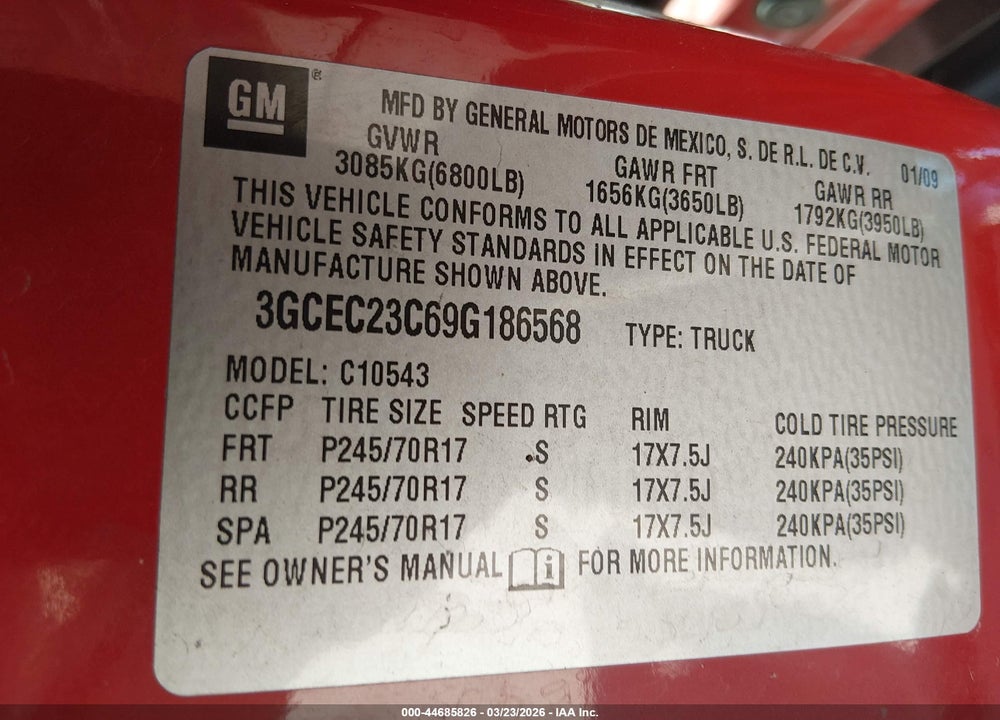 2009 CHEVROLET SILVERADO 1500 LT VIN: 3GCEC23C69G186568