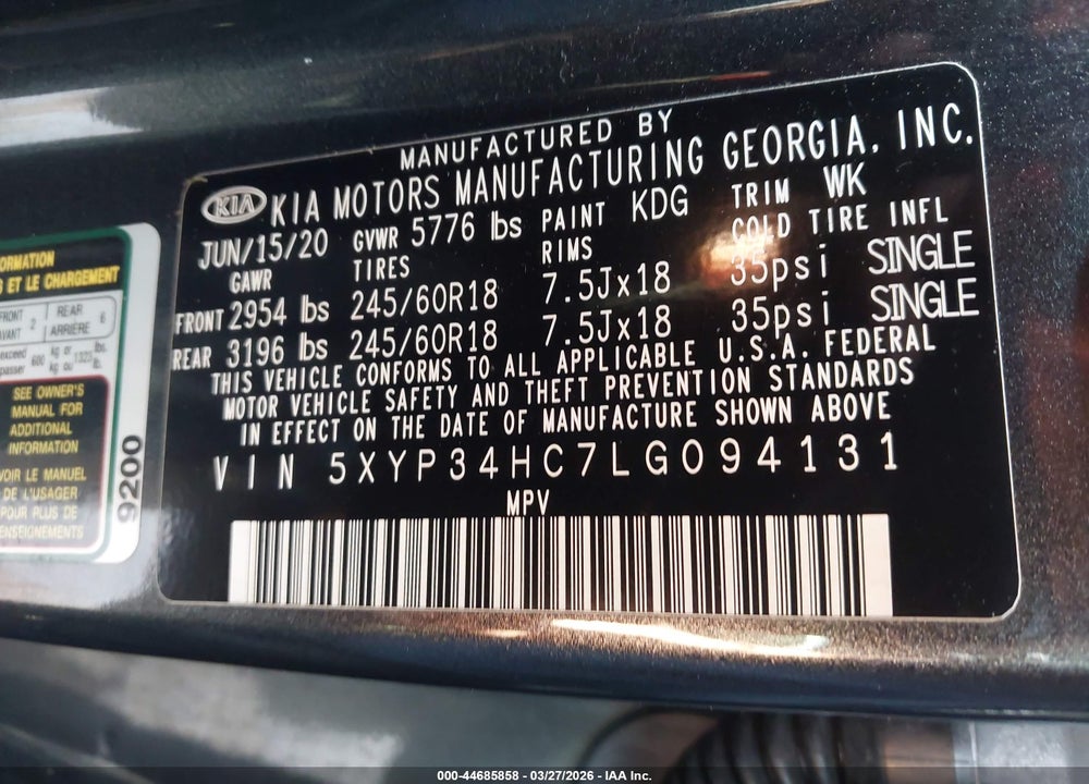 2020 KIA TELLURIDE EX VIN: 5XYP34HC7LG094131