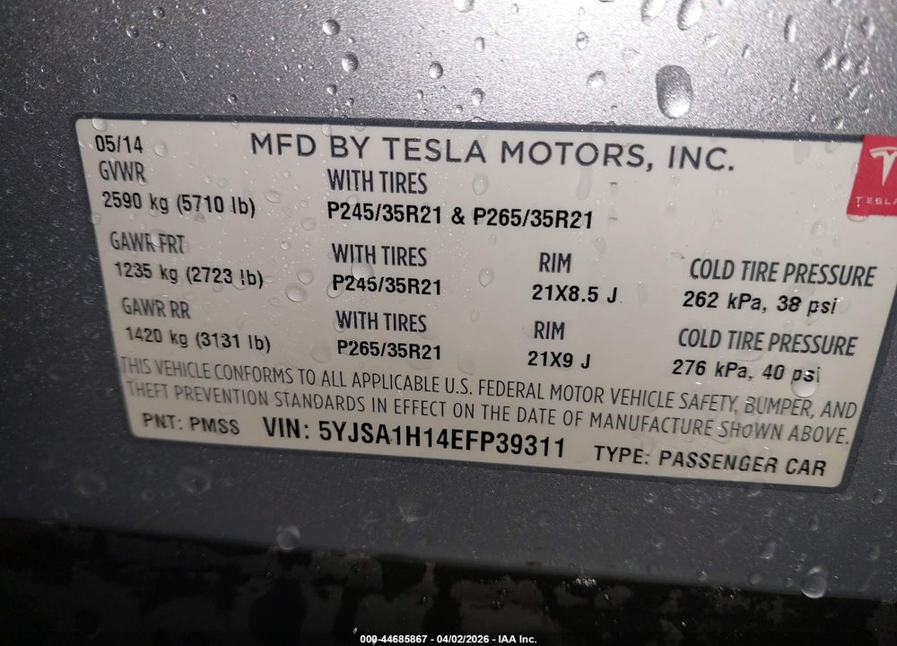 2014 TESLA MODEL S P85 VIN: 5YJSA1H14EFP39311