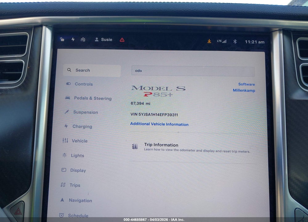 2014 TESLA MODEL S P85 VIN: 5YJSA1H14EFP39311