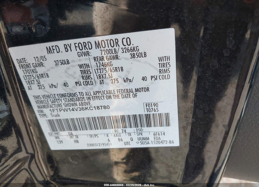 2006 FORD F-150 FX4/LARIAT/XLT VIN: 1FTPW14V36KC18780