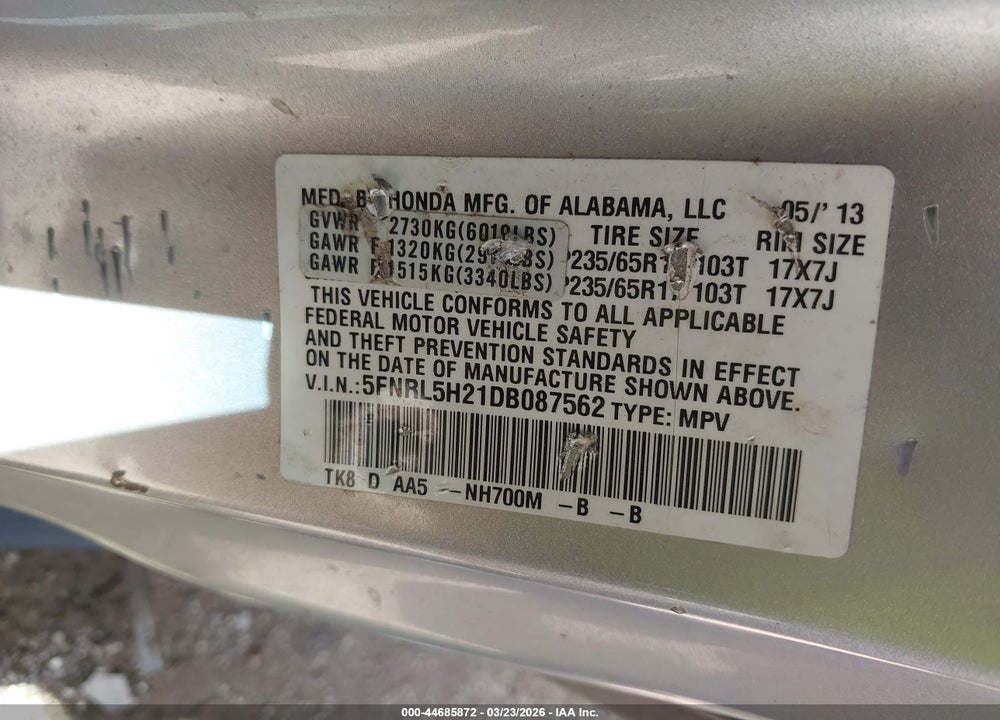 2013 HONDA ODYSSEY LX VIN: 5FNRL5H21DB087562