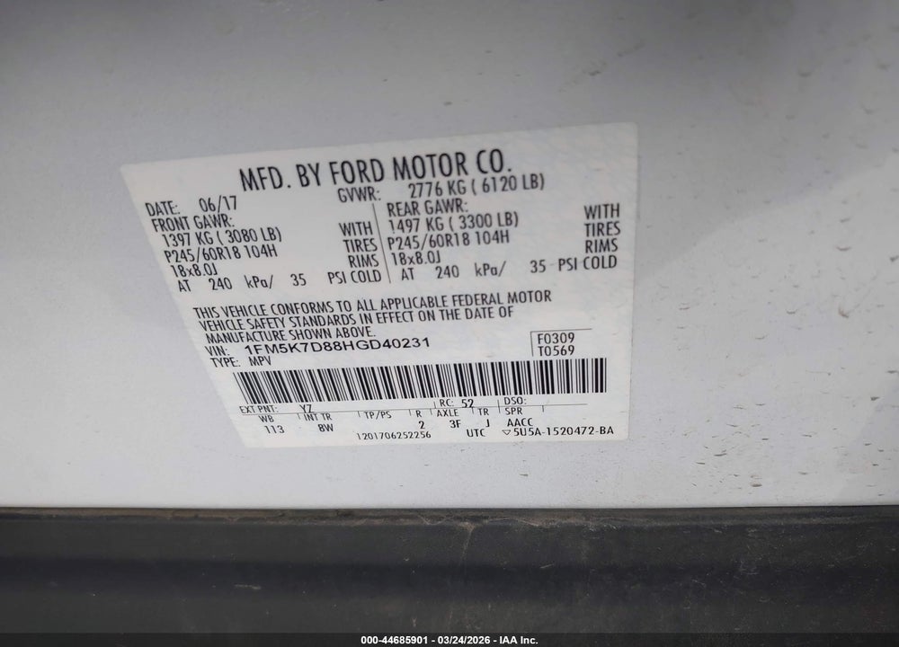 2017 FORD EXPLORER XLT VIN: 1FM5K7D88HGD40231