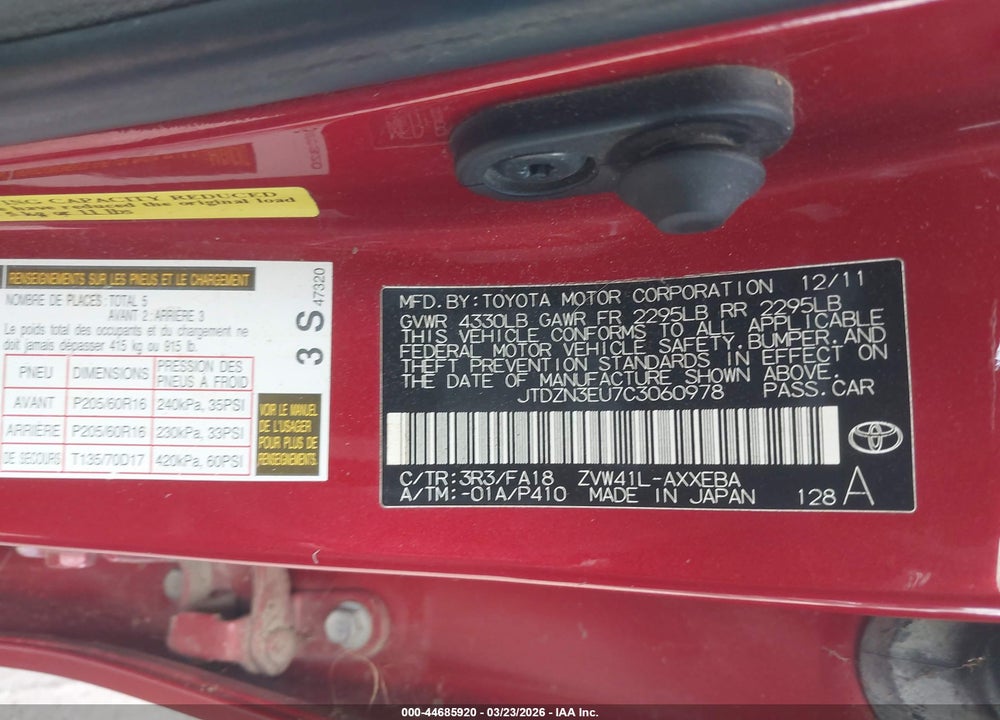 2012 TOYOTA PRIUS V THREE VIN: JTDZN3EU7C3060978