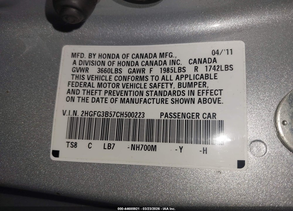 2012 HONDA CIVIC LX VIN: 2HGFG3B57CH500223