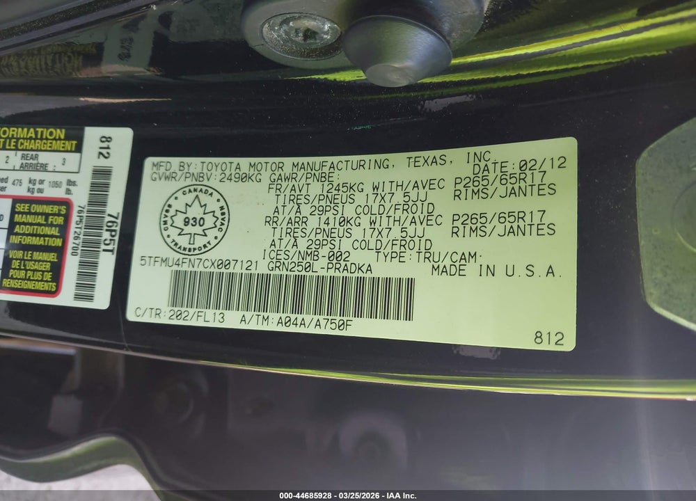2012 TOYOTA TACOMA V6 VIN: 5TFMU4FN7CX007121