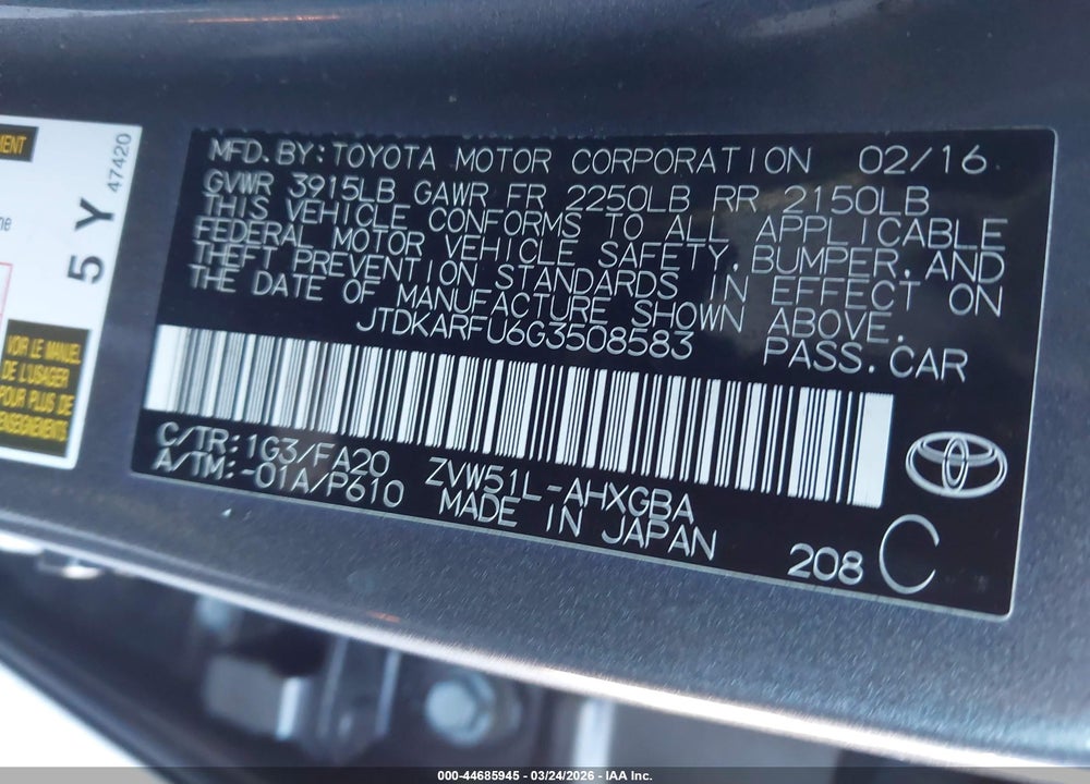 2016 TOYOTA PRIUS THREE VIN: JTDKARFU6G3508583