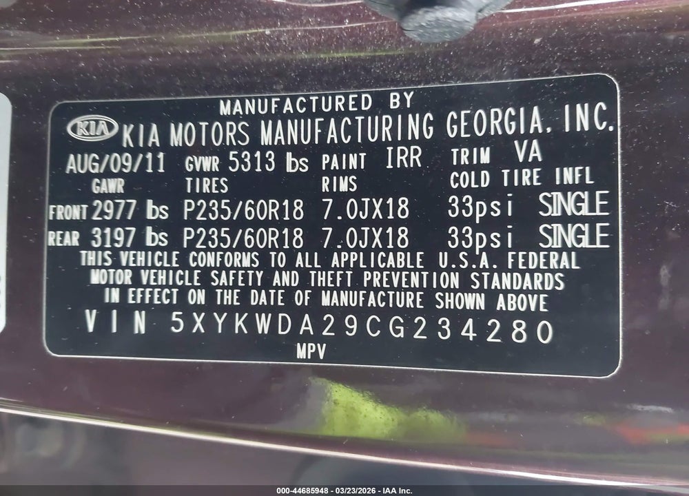 2012 KIA SORENTO SX V6 VIN: 5XYKWDA29CG234280